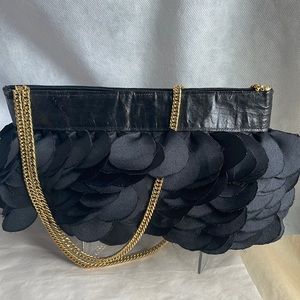 Vintage luxe petals black silk satin purse statement bag hand gold tone chain